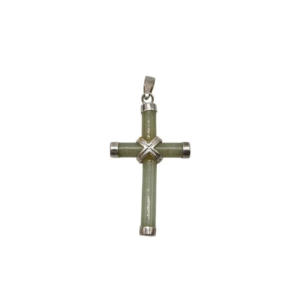 Vintage Green Jade Cross Crucifix Pendant Sterling Silver 2.73 Grams